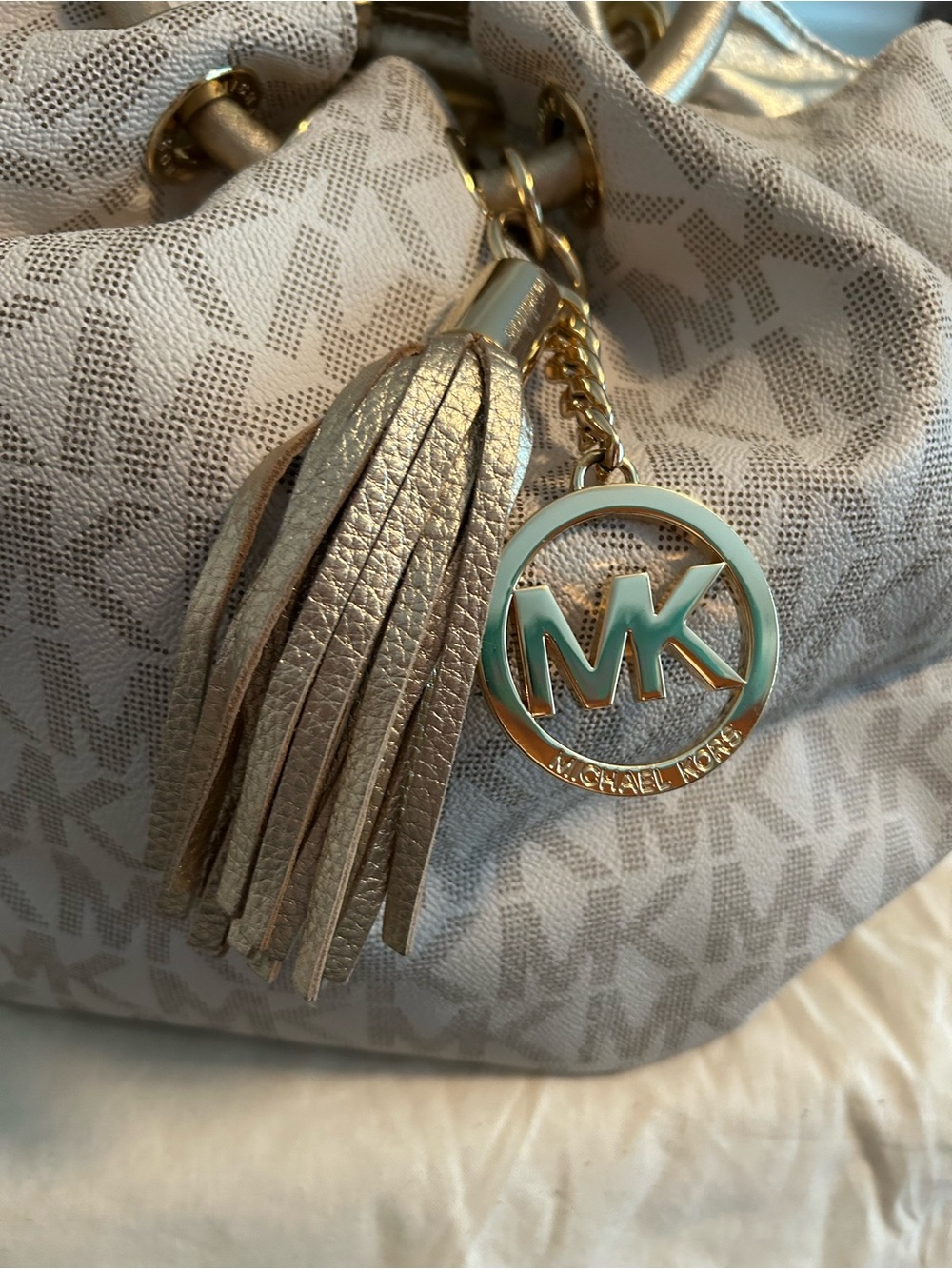 Michael Kors Cream and Gold Logo Tote with Tassel Charm